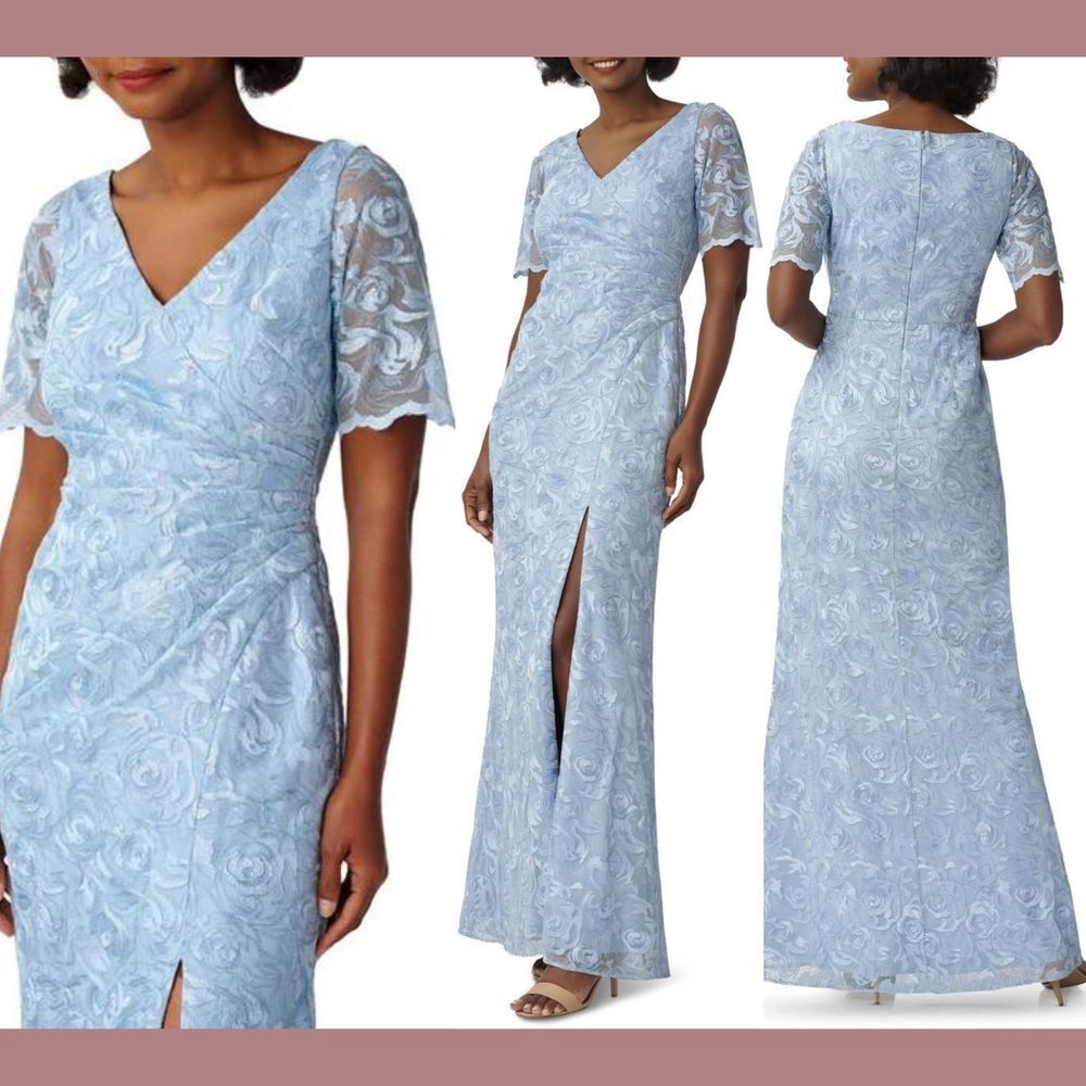 NWT $279 Adrianna Papell [ 0 ] Short Sleeve Floral Embroidered Gown Opal‎ Blue